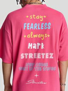 Manfinity VCAY Men's Loose Fit English Graphic Print Round Neck Short Sleeve T-Shirt, Summer - Hot Pink - View 2