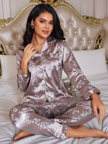 LuxeNights Floral Print Contrast Piping Satin Blouse & Trousers PJ Set - Dusty Pink - View 5
