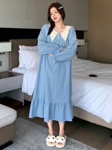 DAZY Dames geruite losse nachtjapon met flare mouwen