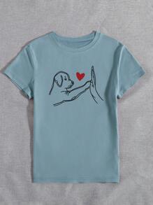 INAWLY Women's Casual Round Neck Short Sleeve T-Shirt With Dog And Heart Print Pattern Graphic Tees Women Tops - Dusty Blue - View 3