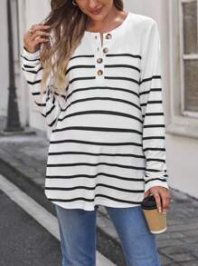 SHEIN Maternity Striped Print Button Round Neck Long Sleeve T-Shirt, Summer - Black and White - View 3