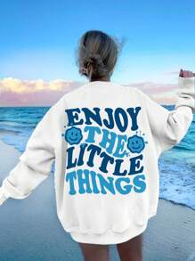 SHEIN EZwear Sudadera informal de manga larga para mujer con estampado de frase en inglés con cara sonriente, adecuada para la playa y la temporada de otoño/invierno, tops de manga larga
