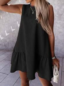 SHEIN Essnce Plus Size Women's Summer Casual Vacation Loose And Comfortable Khaki Vest Dress, Summer Women's Clothes,Summer Short Skirts, Teacher's Clothes, Beach Women's Clothes