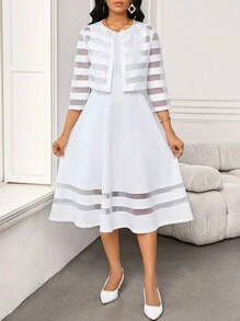 SHEIN Lady Conjunto de dos piezas de ropa casual de negocios para mujer: Cardigan corto elegante de encaje blanco y vestido entallado para mujer - Blanco - Ver 4