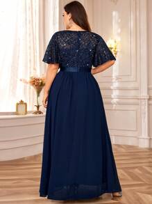 Plus Size Sequin Floral Lace Butterfly Sleeve Chiffon Pleated Hem Evening Party Long Dress Elegant Summer - Navy Blue - View 2