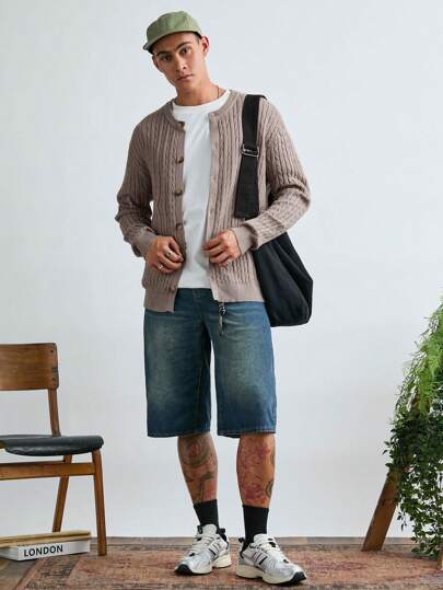 Manfinity VCAY Cardigan casual de punto holgado y de manga larga con abertura frontal para hombre, para otoño e invierno