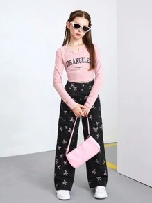 Sparklyn Tween Girl 阔腿牛仔裤 蝴蝶印花 时尚休闲裤 长裤 - 黑色 - 查看 7