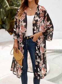 EMERY ROSE Women's Loose-Fitting, Medium-Length Kimono With Floral Print, Open Front, For Summer Beach Vacation - Multicolor - View 5