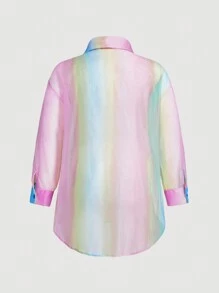 SHEIN MOD Plus Size Ombre Mesh Long Sleeve Casual Shirt - Pink - View 2