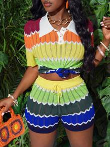 Slaydiva 夏季休闲度假翻领短袖半开襟上衣迷你修身短裤彩虹条纹女毛衣两件套-M