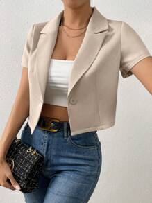 Breezaya Solid Color Turn-Down Collar Short Sleeve Cropped Blazer Jacket