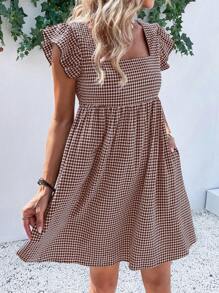 Breezaya Gingham Square Neck Butterfly Sleeve Smock Dress,Ladies Cute Ruffle Cap Sleeve Square Neck Regular Fit Short Brown Flounce Sleeve Gingham Smock Women Short Dresses,Spring/Summer,Casual Daily Wear Vacation Beach Outfit