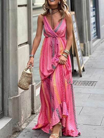Western Style Geometric Tie-Up Ruffle Hem Backless Maxi Dress