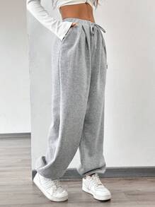 Chiquease Women's Solid Color Waist Tied Fleece Sweatpants - Grey - View 5