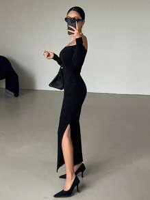 DAZY 女士露肩修身连衣裙，回归校园优雅风 - 黑色 - 查看 4