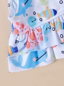 Cô Gái Trẻ Hoạt Hình Bạch Tuộc In Ruffle Hem Bikini Set Bãi Biển Mùa Hè - Nhiều màu - Xem 3