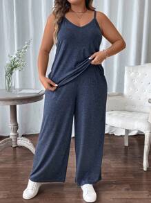 SHEIN LUNE Plus Size Women's Simple Solid Color Daily Wear Spaghetti Strap Jumpsuit And Long Sleeve Jacket 2pcs Set