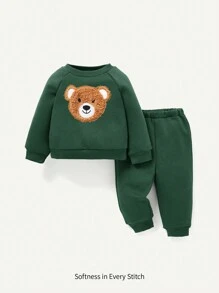 Cozy Pixies Set 2 món bé trai áo nỉ cổ tròn thêu hình gấu dễ thương và quần ống túm - màu xanh lá - Xem 1