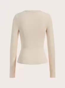 SHEIN BASICS Camiseta De Cuello Redondo De Manga Larga - Beis - Ver 3