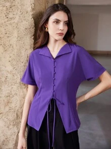 Aveloria Modichic Chic Chinese Style Tie-Up Hem Split Front Summer Blouse For Ladies - Purple - View 1