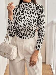 SHEIN Essnce Suéter de manga larga con estampado de leopardo para mujer, disfraz de leopardo de otoño - Multicolor - Ver 3