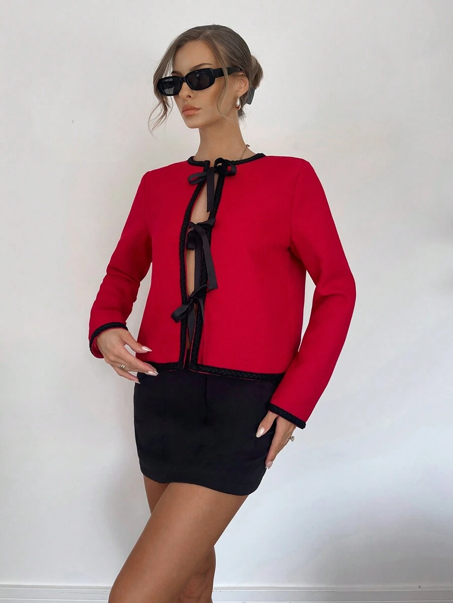 SHEIN Essnce Nữ Xuân Thu Cà Vạt Viền Phía Trước Dài Tay Thanh Lịch Thường Ngày Áo Khoác Nữ Công Sở Quần Áo Còi Hú Công Sở Tay Dài Màu Đỏ Trang Phục Mùa Thu Nữ Trang Phục Mùa Thu Trang Phục Công Sở Áo khoác nữ mùa đông Nơ - Đỏ - Xem 1