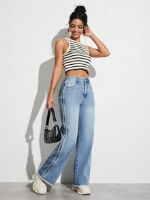 Women's Loose Straight Leg Fringe Design Denim Jeans