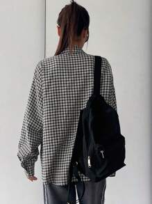 DAZY 女士休闲格子宽松落肩衬衫春夏季法兰绒女装秋季女装长袖上衣 - 黑色 - 查看 3