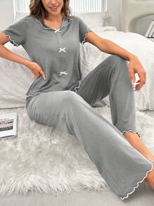 Bowknot Decor Colorblock Women's Short Sleeve Top And Pants Pajama Set Lounge Set Bow Tie
