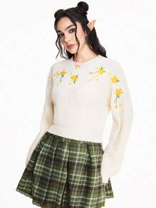 Fairycore Countryside Embroidered Cropped Pullover Sweater - Apricot - View 6
