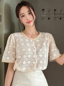 DAZY Lace Round Neck Women's Solid Color Simple Daily Top Sheer - Apricot - View 1