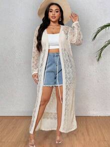 SHEIN CURVE+ Plus Pointelle Knit Cardigan, Spring Break - Apricot - View 7