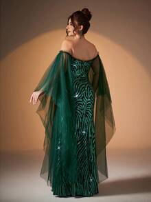 大码露肩荷叶边双层蝴蝶袖拼接金属亮片修身美人鱼连衣裙，长袖正式晚礼服，适合婚礼宾客晚宴 - 墨綠色 - 查看 2