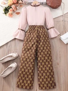 SHEIN Tween Girls' All-Over Print Fashion Long Sleeve Top And Pants Set - Coffee Brown - View 2