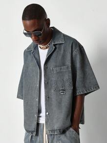 SUMWON Boxy Fit Denim Shirt With Embossed Print & Branded Label - Blue - View 1
