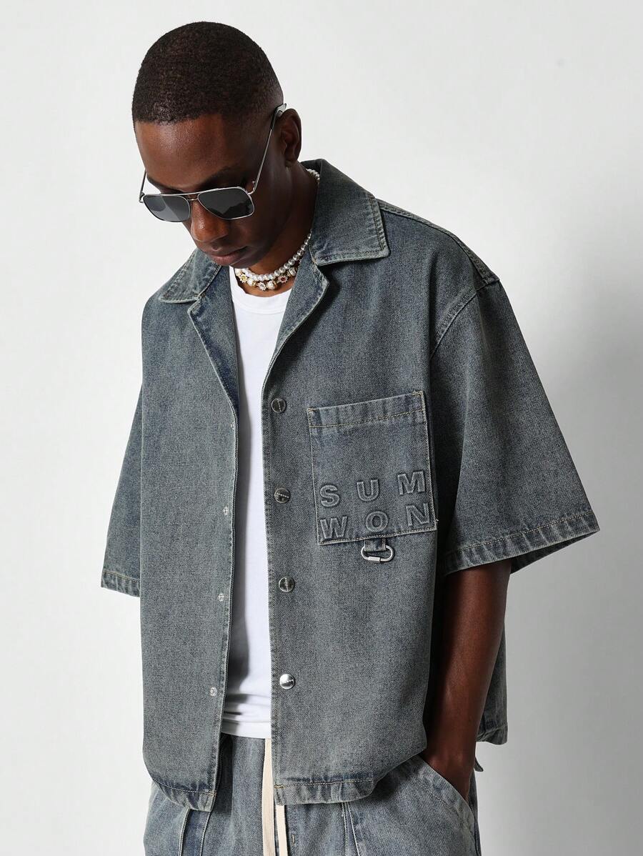 SUMWON Boxy Fit Denim Shirt With Embossed Print & Branded Label - Blue - View 1