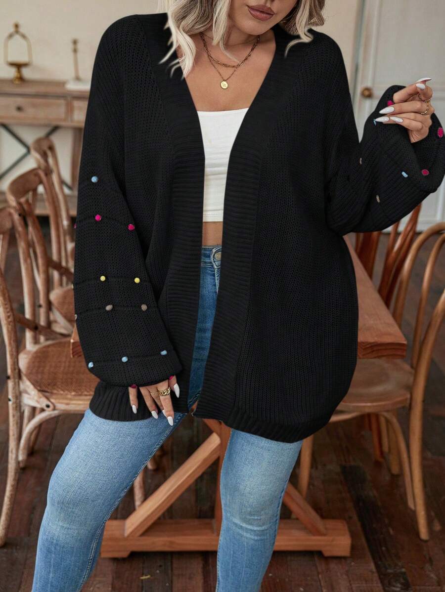 EMERY ROSE Plus Size Nữ Bóng Mờ Nhiều Màu Sắc Rớt Vai Tay Dài Hở Mặt Trước Áo Cardigan Thường Ngày, Mùa Đông - màu đen - Xem 1