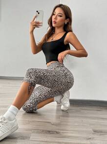 SHEIN Unity Leopard Print Drawstring Leggings - Brown - View 5