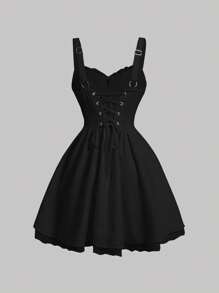 SHEIN MOD White Front Contrast Panel Lace Splice Backless Tied Crop Dress - Black - View 2