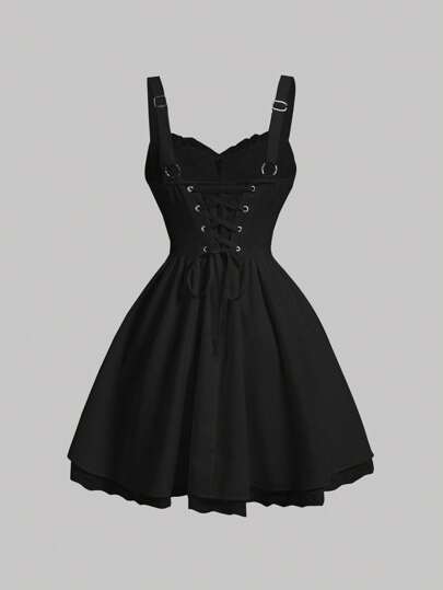 SHEIN MOD 白色正面撞色拼接蕾丝露背系带短款连衣裙