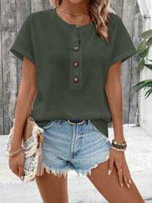 EMERY ROSE 女士休闲纯色纽扣半襟短袖 T 恤，夏季