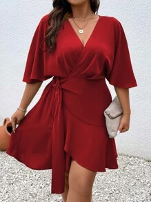 SHEIN Clasi Plus Flounce Sleeve Ruffle Trim Wrap Knot Side Dress Burgundy Color Women Outfit - Burgundy - View 1