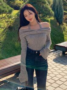 DAZY 女士纯色露背性感毛衣，秋季，长袖上衣，秋季女装