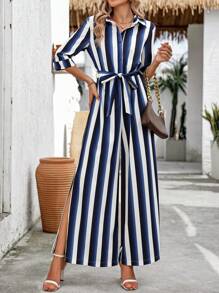 SHEIN Clasi Mono de rayas y estampado sencillo diario para mujer - Azul y blanco - Ver 3