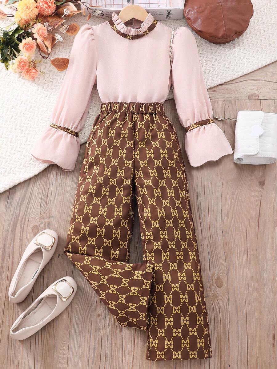 SHEIN Tween Girls' All-Over Print Fashion Long Sleeve Top And Pants Set - Coffee Brown - View 1