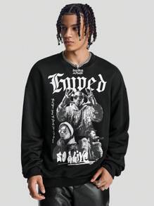 Manfinity VCAY Sudadera de cuello redondo holgada de manga larga de punto con estampado para hombre, camiseta de manga larga con gráfico de figura de rapero musical