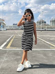 SHEIN Tween Girls Extended Size Casual Crew Neck Sleeveless Side Slit Shift Dress - Black and White - View 7