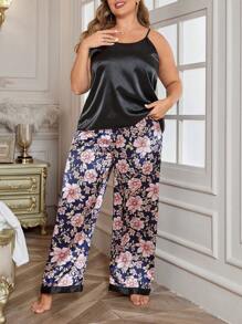 LuxeNights 花卉印花缎面吊带背心和裤子睡衣套装/睡衣套装 - 彩色 - 查看 5
