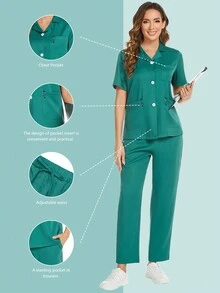 純色西裝領前扣短袖上衣和彈性腰帶有口袋的褲子套裝，護士制服套裝 - 綠色 - 查看 4