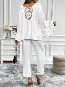 Chiquease 2pcs Women Casual White Outfit With Lace Patchwork Ruffle Hem Detail, For Autumn - White - View 3